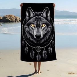 ZABAOBO Wolf Beach Towel,Cool Dream Catcher Microfiber Bath Towel Gifts for Women Adults Boys Men,Funny Animal Beach Towels for Surf Sports Swim Pool 80X160 cm