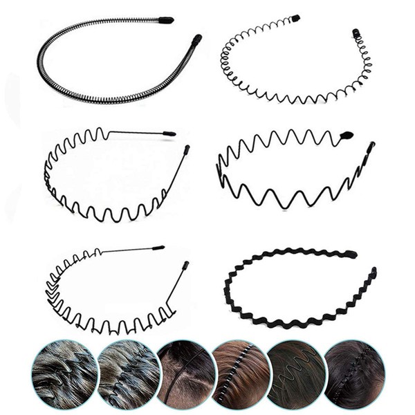 Elastic Wavy Spring Wave Hair Band, Multi-Style Black Non-slip Metal Hair Hoop, Unisex Sport Fashion Hair Band Accessories for Women and Men 6 Pcs