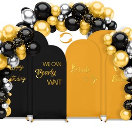 Double Color Wedding Arch Cover Set of 3 7.2ft 6.6ft 6ft Spandex Fitted Arch Stand Covers with Balloons Party Sign Round Top Backdrop Cover for Wedding Birthday Party Bridal Baby Shower (Black+Gold)