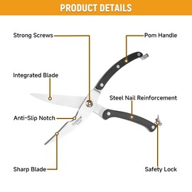 Hoteche 255 mm poultry shears - 3Cr13 stainless steel, 3.5 mm blades, POM handles, automatic spring, safety lock, ideal for kitchen and household