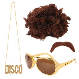 4 PCS Disco Hippie Costume Men Hippie Costume Set, 70s Fancy Dress Men Funky Afro Wig for Men 70s 80s Afro Hippy Wig Hippie Funky Sunglasses Disco Necklace Fake Mustache for Kids Mens Women (Brown)