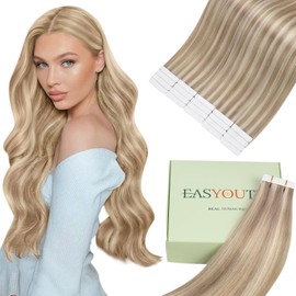 Easyouth Tape in Hair Extensions Highlight 14inch Hair Extensions Tape in Human Hair for Beginners Ash Blonde Highlights Blonde Seamless Tape in Extension Remy Hair for Women #P18/613 20Pcs 40g