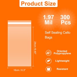 HARFINGTON 300pcs Self Sealing Cello Bags, 6.3x10.6-inch Clear Resealable Self Adhesive Bags for Cookie Bakery Clothes Packaging