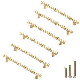 ESreake 6Pcs Bamboo Shape Solid Zinc Alloy Cabinet Knobs Handles, Dresser Drawer Cabinet Cupboard Closet Door Pulls Decorative Furniture Accessories Knobs (Length 6.1"/Hole Distance 5", Golden)