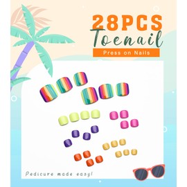 Aegenacess 28pcs Toenail Press on Summer Fake Toe Nails Press ons False Nail Tips Beach Short Pedicure Kit for Women (Rainbow Mixed Stripes)