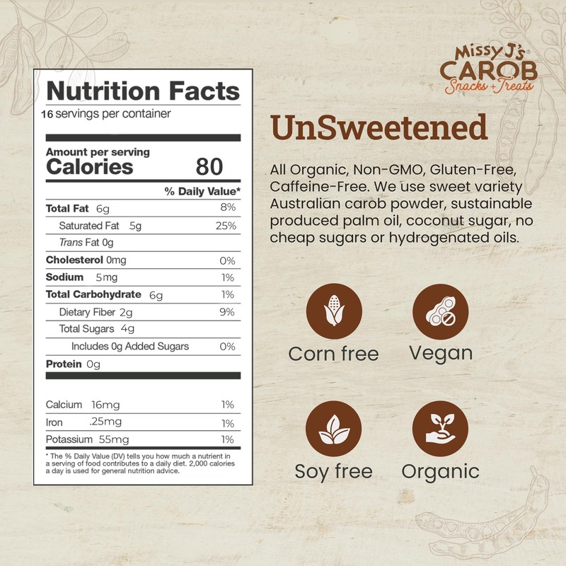 Missy J's organic Unsweetened Carob Chips 8 Oz, Vegan, Gluten