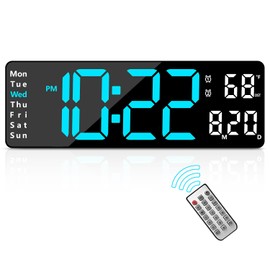 Digital Clock, Digital Wall Clock for Living Room Decor, Desk Alarm Clock for Bedroom, Large Wall Clock with Remote Control, Automatic Brightness Dimmer LED Clock with Date Temperature Week (Blue-B)