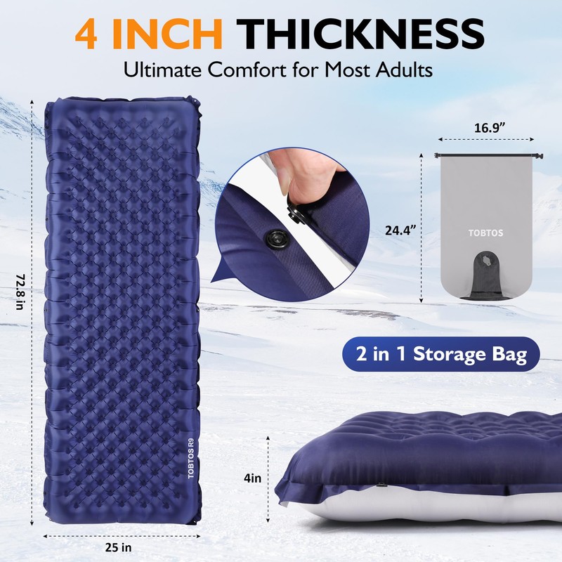 TOBTOS Camping Sleeping Pad with 9.0 R-Value, 4" Thick Inflatable