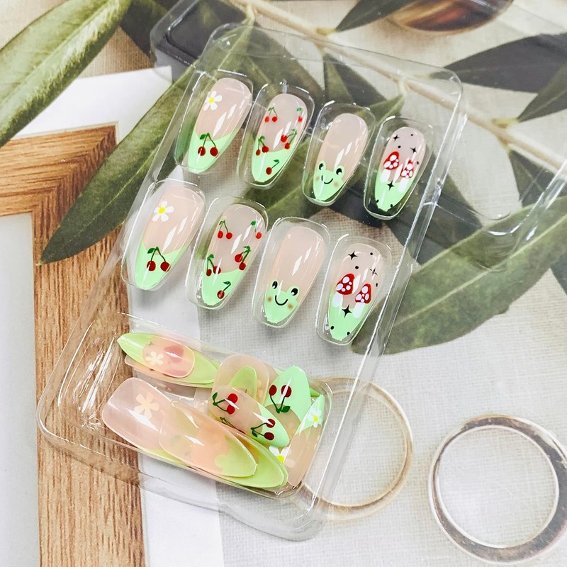 FIEONCIY Press on Nails Almond Shape-Glossy Full Cover Acrylic Green