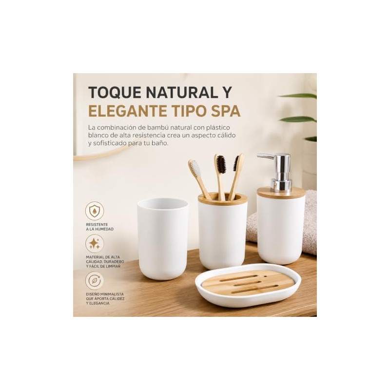 Set 4 Baño Dispensador, Jabonera, Porta Cepillos, Vaso Blanco