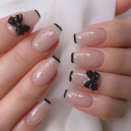Trapezoid Short Press on Nails Black French Tip Glue on Nails 3D Bow Full Cover Acrylic Nails Pearl Bow Charms Designs Rhinestone Glue on Nails Stick on Nails for Women Girls Manicure Decor 24 Pcs