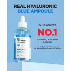 WELLAGE Real Hyaluronic Blue Ampoule 100, Fragrance Free Hyaluronic Acid Ampoule, Hydrating Non Sticky Serum for Sensitive Dry Skin, 2.54 fl.oz