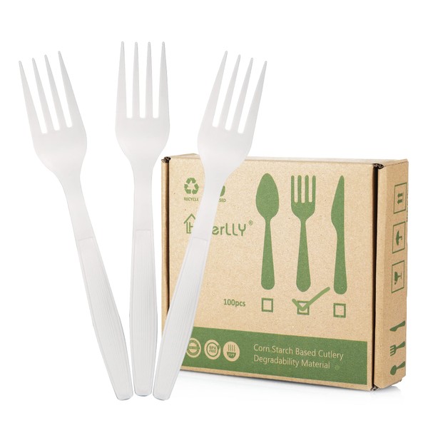 HERLLY Compostable Fork,100 Biodegradable Silverware for Party,Large Disposable Utensils Eco