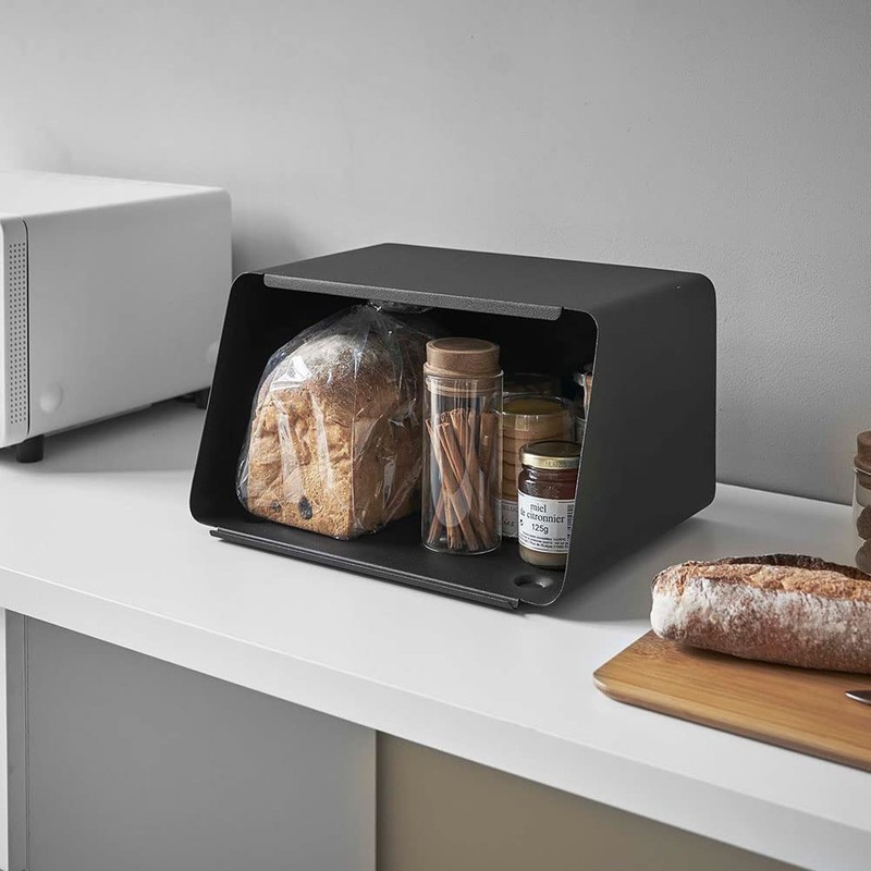 YAMAZAKI Metal Bread Box With Removable Bamboo Wooden Cutting Board