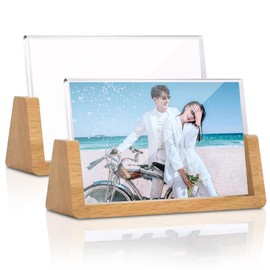 Folgtek Photo Frame, Set of 2, Clear Acrylic, Wooden Stand, Horizontal Mount, Present, Luxury, Tabletop, Stylish, 7.0 x 5.0 inches (178 x 127 mm)