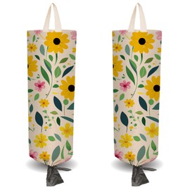 craspire Pack of 2 Yellow Plastic Shopping Bag Holder with Floral Pattern and 4 Hooks Reusable Wall Mount Robust Shopping Storage Bag Bag Made of Canvas Waterproof Washable