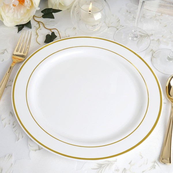 Efavormart 50 Pcs - White with Gold 10.25" Round Disposable Plastic Plate for Wedding Party Banquet - Tres Chic Collection