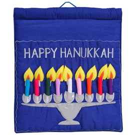 Blue Jewish Happy Hanukkah Menorah Wall Hanging by Pockets of Learning | Festive Hebrew Holiday Décor, Judaica Fabric Advent Calendar | Chanukah Cloth Countdown with Candles and Pouch