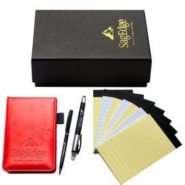 SagEdge PU Leather Mini Pocket Notepad Holder Set in Gift Box, Inside Pocket Notebook with 30 Lined Memo Sheets White, 7 Book Refills (3 White and 4 Yellow), 2 Pens Elegant and Multifunction (Red)