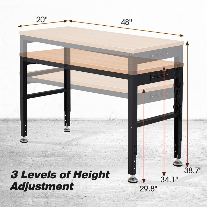 Antifir 48” Adjustable Workbench，Heavy Duty Wood Work Bench 2000 Lbs
