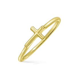 Minimalist Simple Midi Knuckle Thin 1MM Band Stackable Religious Sideways Cross Ring For Teen Yellow Gold Plated .925 Sterling Silver