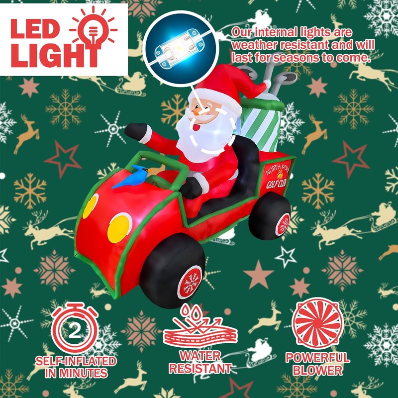 BLOWOUT FUN 6ft Length Inflatable Christmas Golf Cart with Santa