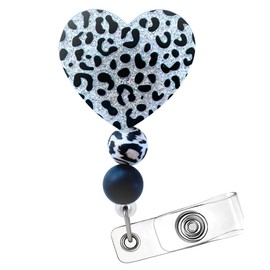 Cheetah Leopard Heart Badge Reel Holder ID Name Retractable Clip Lanyard with Cute Beaded Print Zebra Zoo Keeper Glitter Bling for Nurse Nurses CNA CMA Nursing Healthcare Silver Supplies