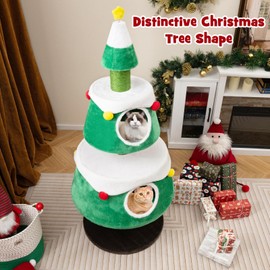 Tangkula Cat Christmas Tree, 60 Inch Cat Tower with Sisal Scratching Posts, 2 Condos with Removable Soft Cushions, Cute Star-Shaped Spring Toy, Holiday Cat Tree for Indoor Cats