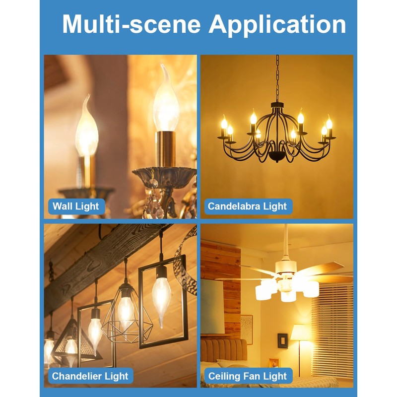 60W Candelabra Light Bulbs, E12 B10 Clear Candle Base Bulb