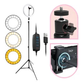 Aro de Luz LED 10" con Tripie 3 Colores y Soporte para Celular