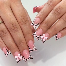Medium Press on Nails Duck Shaped Fake Nails Pink French Tip Duckbill False Nails with 3D Flower Bow Rhinestones Leopard Designs Glue on Nails Glossy Shiny Nails Press ons for Girls Women 24Pcs