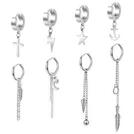 Thokono 8/12 Pieces Hoop Dangle Earrings Stainless Steel Dangle Foldable Hoop Earrings Long Chain Pendant Kpop Earrings Hoop Earrings Hanging Earrings with Chain Punk Gothic Cross Kpop Earrings Long