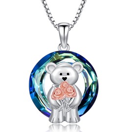 PROESS Teddy Bear Rose Necklace 925 Sterling Silver Rose Pendant Crystal Teddy Bear Jewelry Gifts for Women
