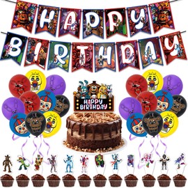 Five Nights Party Decorations - 32PCS Cartoon Bear Balloons, Horrible Bear Birthday Party Supplies, Happy Birthday Banner Latex Balloons Cupcake Toppers