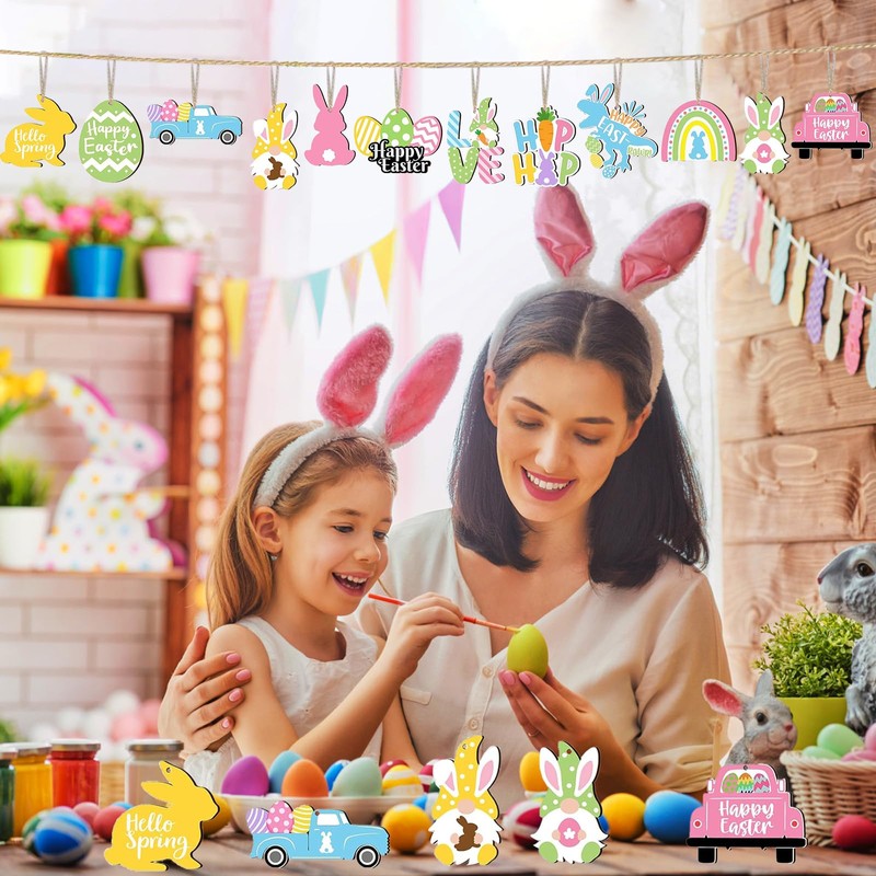 WEINIBAO Wooden Easter Pendants, Pack of 24 Wooden Easter Pendants,