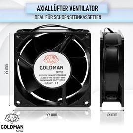 GOLDMAN SERVICE Axial Fan for Fireplace Cassette Insertable High Temperature Metal Universal (92 x 92 x 38 mm)