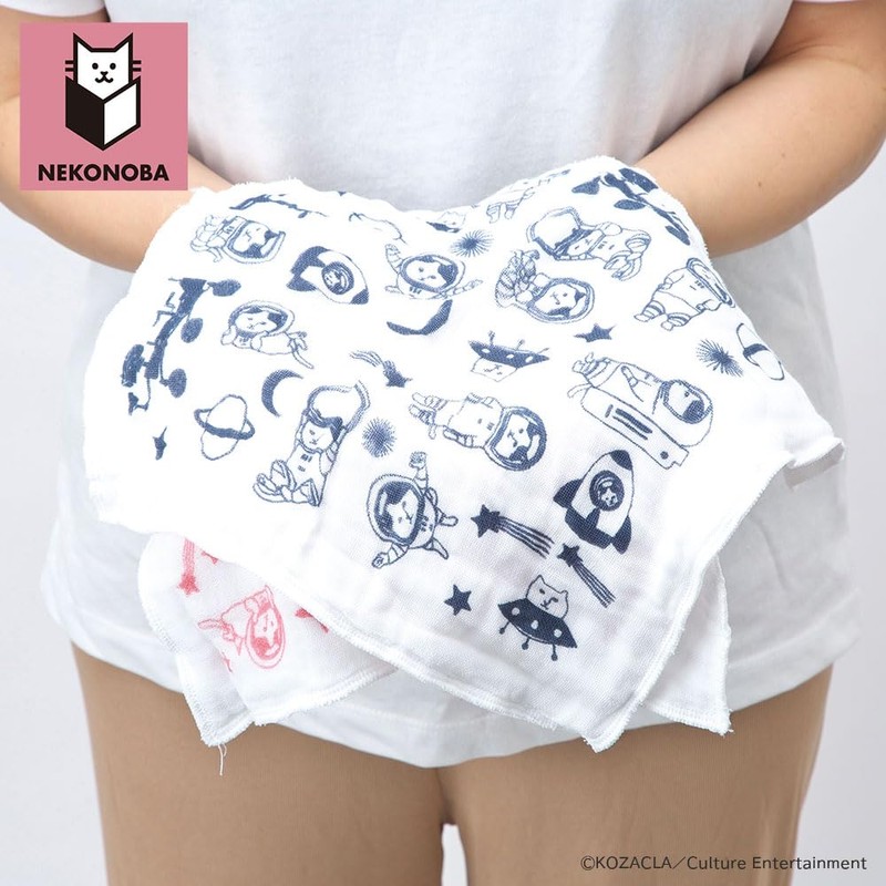 NEKONOBA Fluffy 8-ply Gauze Handkerchief, Set of 2, Wave Cat