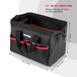 HAUTMEC Small Tool Bag, 12" Wide Mouth Tool Tote Bag With 1680D Tear-Resistant Fabric, Built-In Metal Frame, Heavy-Duty Double Zipper, Non-Slip Base & 4-Pockets – HT0286