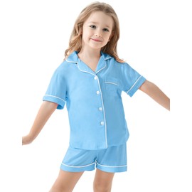 SWOMOG Kids Pyjamas Girls Boys Short Sleeve Button Down PJs Sets Soft Breathable Sleepwear Children Nightwear Light Blue