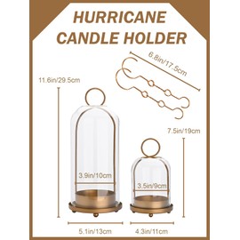 Ganwu Metal Candle Holder with Handmade Glass Dome in Brass, 5" & 4" Wide Versatile Hurricane Glass Candle Holders Set of 2, for Pillar Candles & Plants (Brass)