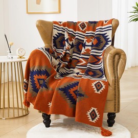 Chair Throw Blanket, Acrylic Knitted Southwest Tribal Bed Throws Couch Sofa Blankets, Native American Southwestern Soft Warm Throw Navaho Living Room Bedroom (Rusted Brown Navy White, 50”x60”)