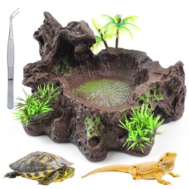 kathson Resin Reptile Bowl Bearded Dragon Food Dish Lizard Water Dish Reptiles Feeding Bowls with Feeder Tweezer for Leopard Gecko Tortoise Chameleon Water Frog Hermit Crab