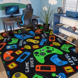 STARUIA 5x7 Washable Kids Rug for Boy Bedroom, Large Black Cool Video Gamer Rug for Boys Room, Soft Teens Games Console Carpet Kids Room Rugs for Game Room Playroom Living Room
