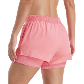 Hanyomo Women's 2-in-1 Running Shorts Yoga Fitness Bodybuilding High Waist Sports Shorts with Inner Shorts Zip Pockets, pink, S