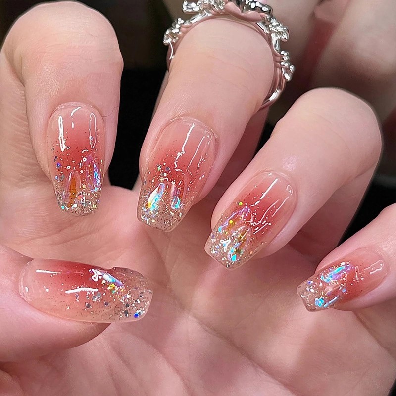 Nail Tip, Short, 24 Pieces, Medium False Nails, Gradient, Pink,