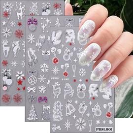 Christmas Nail Art Stickers 5D Embossed Self-Adhesive Snowflake Nail Decals with Rhinestones Cute Elk Xmas Tree Lights Glitter Snowball Nail Designs Nail Stickers for Women Girls DIY Nail Decoration