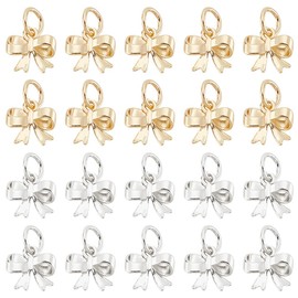 HOBBIESAY 2 Colours 20 Pieces Brass Bow Pendants Gold and Silver Bow Pendant Christmas Bow Pendant with Jump Ring for DIY Earrings Necklaces Earrings Jewellery Making, Brass