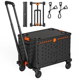 Folding Hand Truck Collapsible Crate Set, No Assembly Required 2 in 1 Utility Portable Rolling Crate Handcart with 4 Big Wheels & 2 Elastic Ropes & Removable Storage Crates (3.54 inches Wheels)