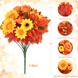 MARTINE MALL 2 Pcs Artificial Fall Flowers, Fall Maple Leaves Branches Artificial Fall Flower Bouquet with Sunflowers Pumpkins for Wedding Bouquet Autumn Thanksgiving Home Table Decor (Orange)