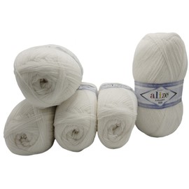 5 x 100 g Alize Lanagold 800 Knitting Wool with 49% Wool, 500 g Knitting Yarn Plain (White 55)